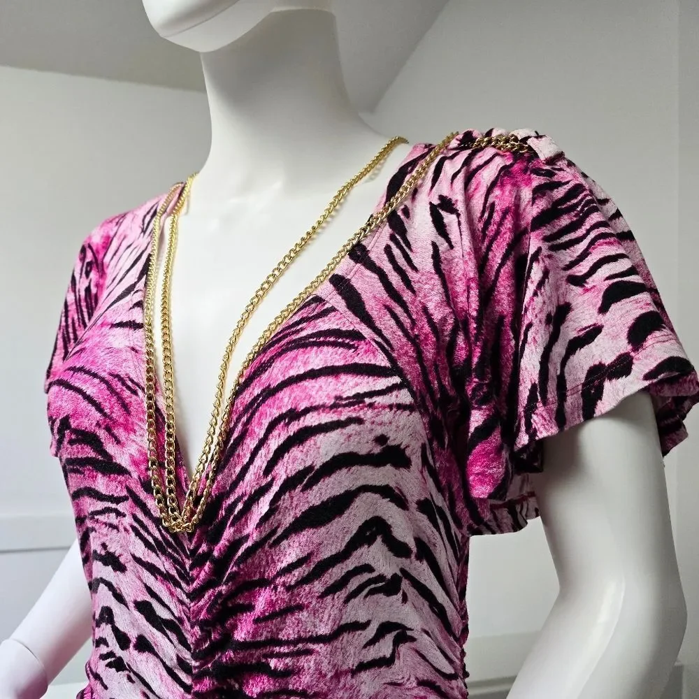 COOGI Y2K Ruched Plunge Zebra Print Mini Dress in Electric Hot Pink - Picture 3 of 16